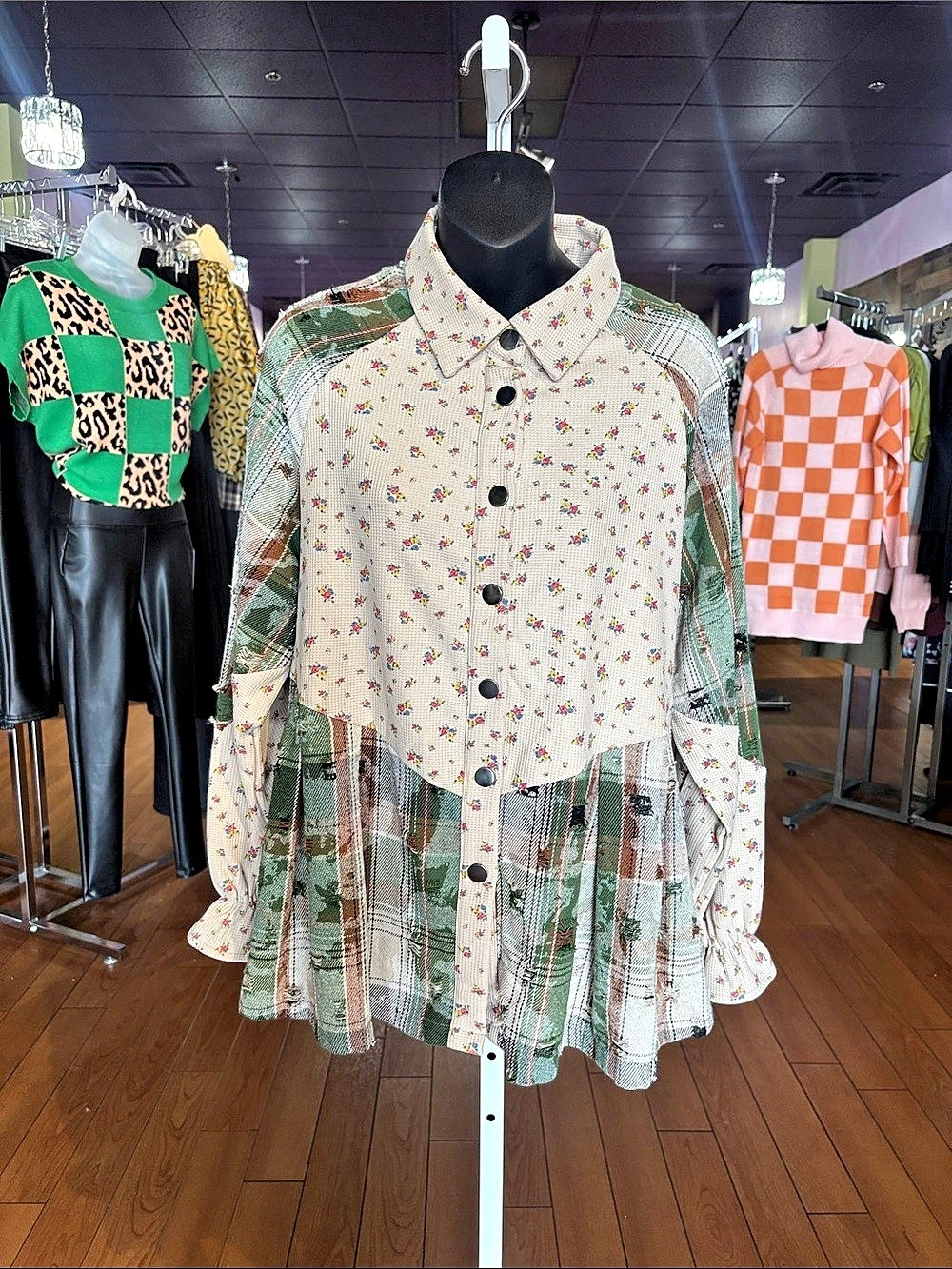 Floral Collared Mini Dress in Green & Cream